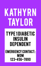 Load image into Gallery viewer, Diabetic Emergency Contact Card - Type 1 Diabetes Alert - BadgeSmith