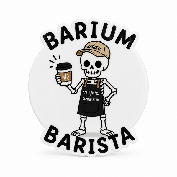 BARIUM BARISTA plastic add-on featuring a skeleton barista holding a coffee cup with 