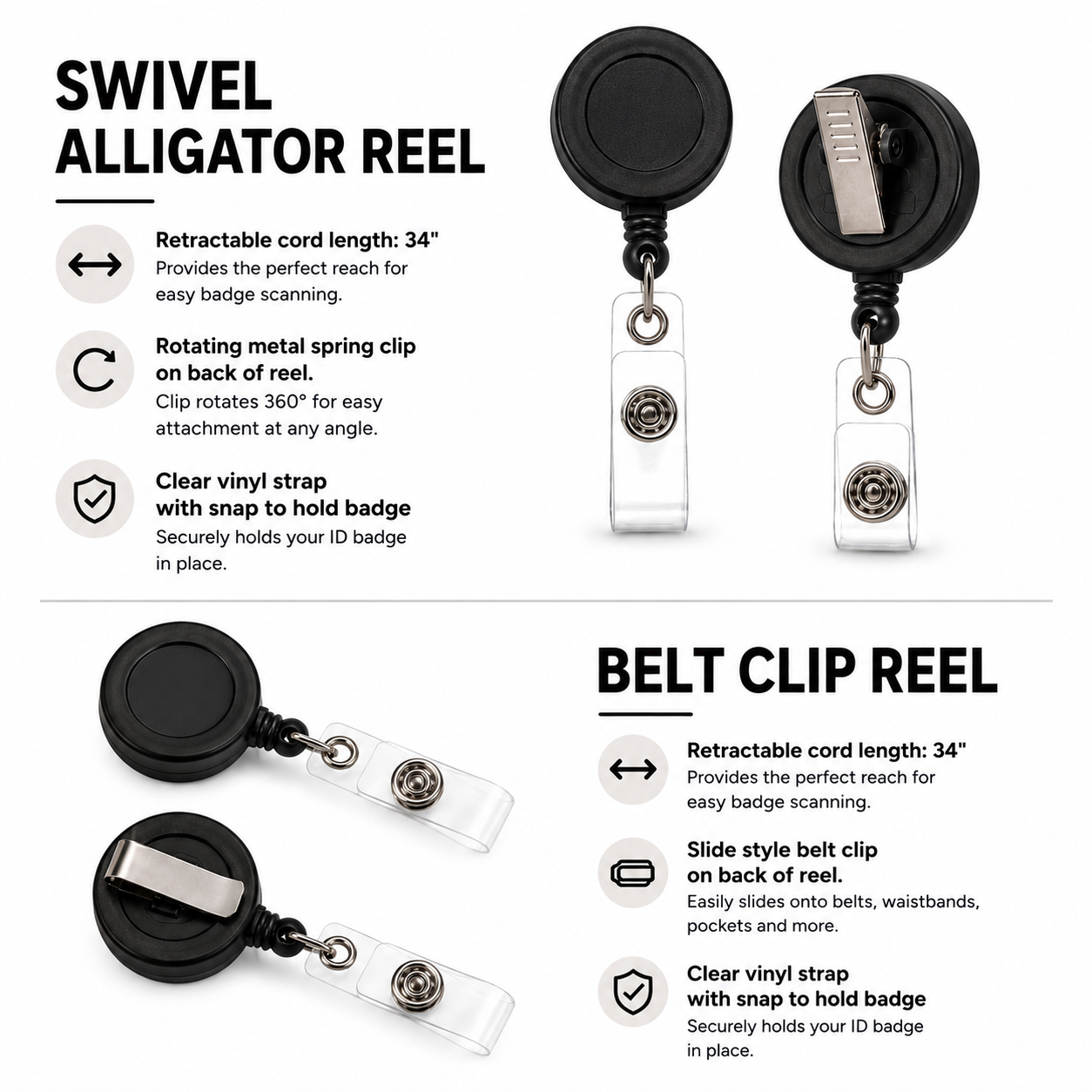 Basic black retractable badge reel with interchangeable design, available with a 360-degree swivel alligator clip or slide belt clip, clear vinyl strap, and 34-inch retractable cord.