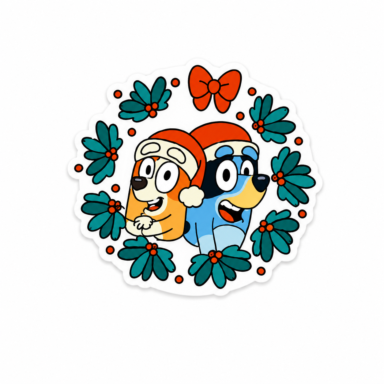 Bluey Holiday Friends in a Wreath | Plastic Add-On - BadgeSmith