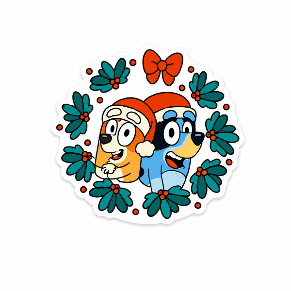 Bluey Holiday Friends in a Wreath | Plastic Add-On - BadgeSmith