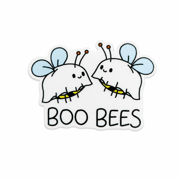 BOO BEES plastic add-on featuring two ghost bees with blue wings compatible with interchangeable badge reel bases, cute Halloween bee accessory