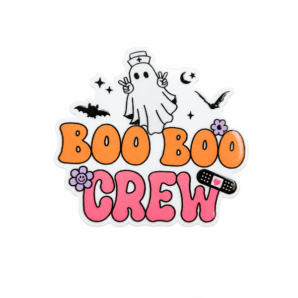 BOO BOO CREW plastic add-on with ghost nurse, bats, flowers, and bandage detail, compatible with interchangeable badge reel bases, Halloween nurse badge accessory.