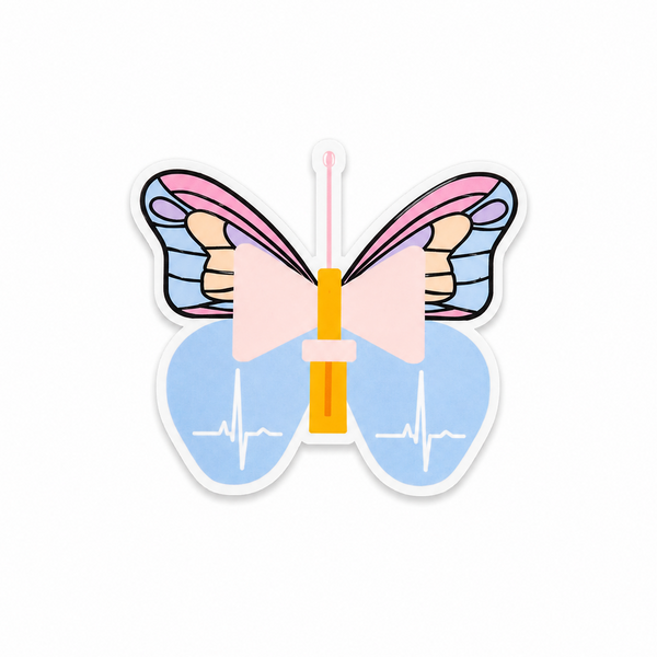 Butterfly needle medical pun plastic add-on with pastel wings and syringe design, compatible with interchangeable badge reel bases