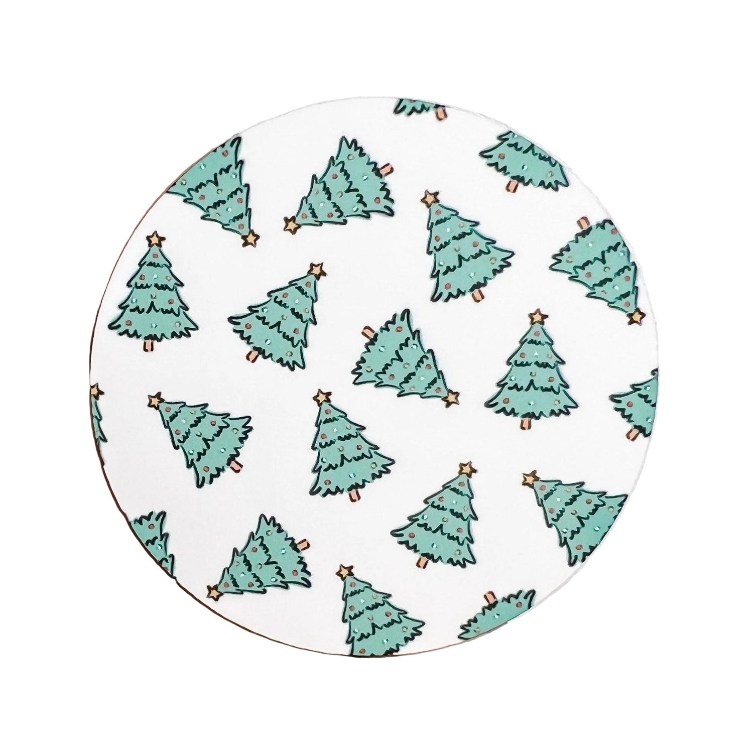 Christmas Tree Classic hard board add-on featuring a repeating pattern of illustrated Christmas trees, compatible with interchangeable badge reel bases for festive holiday wear.
