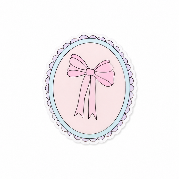 Coquette Bow plastic add-on featuring a delicate pink bow on a soft pink background with a scalloped frame, compatible with interchangeable badge reel bases, cute nurse badge accessory and aesthetic healthcare worker accessory