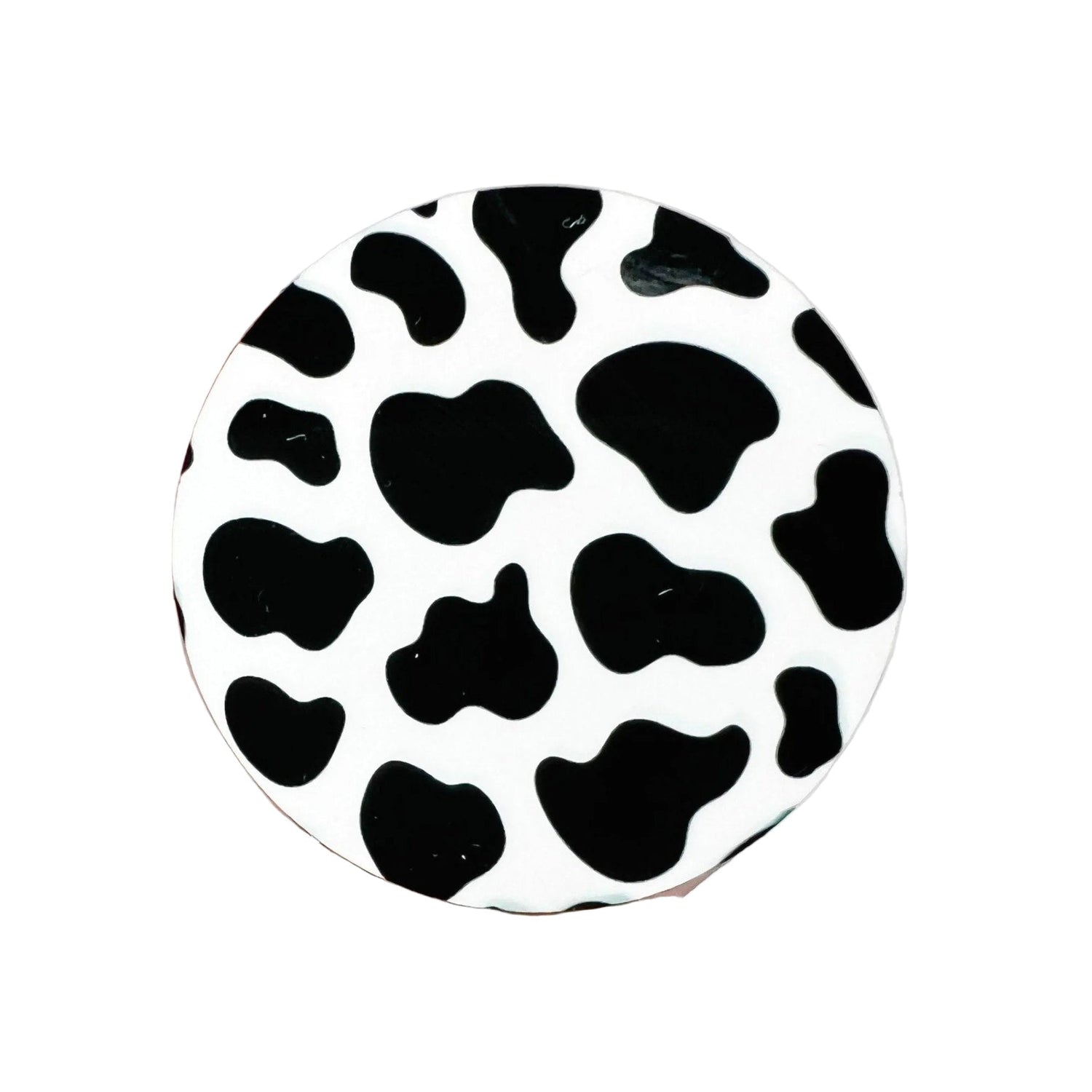 Cow print hard board add-on featuring a classic black and white western animal print design, compatible with interchangeable badge reel bases and perfect as a western work badge accessory.