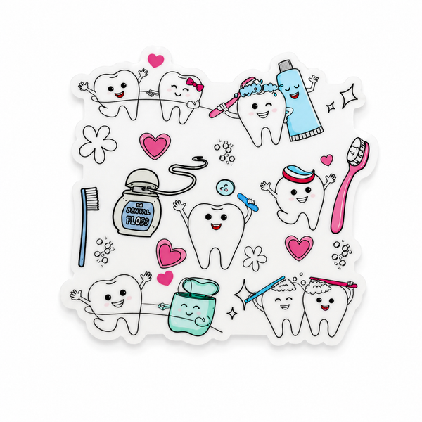 Cute Dental Teeth plastic add-on featuring smiling teeth, toothbrushes, toothpaste, dental floss, and hearts, compatible with interchangeable badge reel bases.