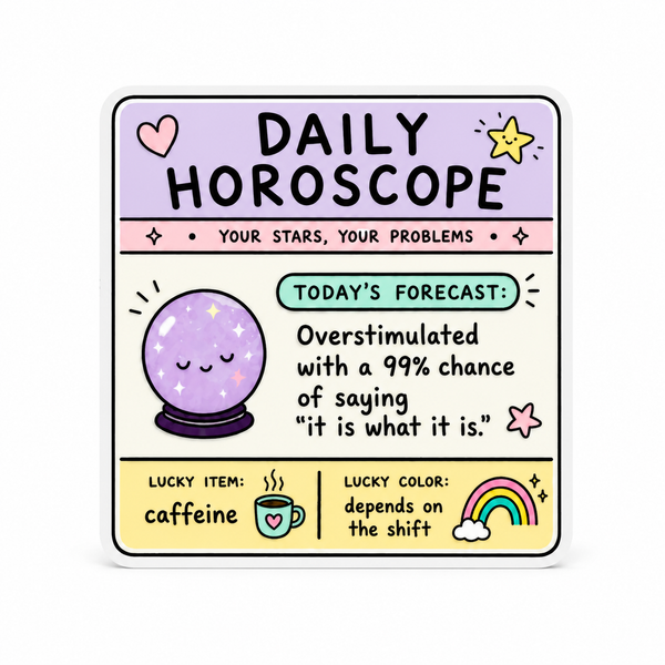 DAILY HOROSCOPE funny shift worker accessory plastic add-on with crystal ball, caffeine cup, rainbow, and “it is what it is” quote, compatible with interchangeable badge reel bases.