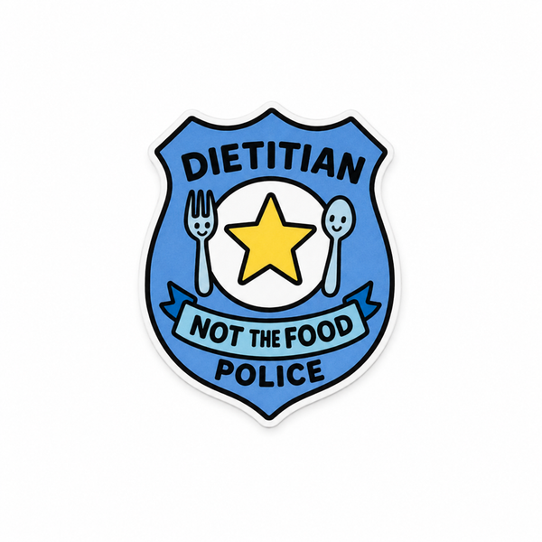 Dietitian Not the Food Police plastic add-on featuring a badge-style food and wellness design compatible with interchangeable badge reel bases