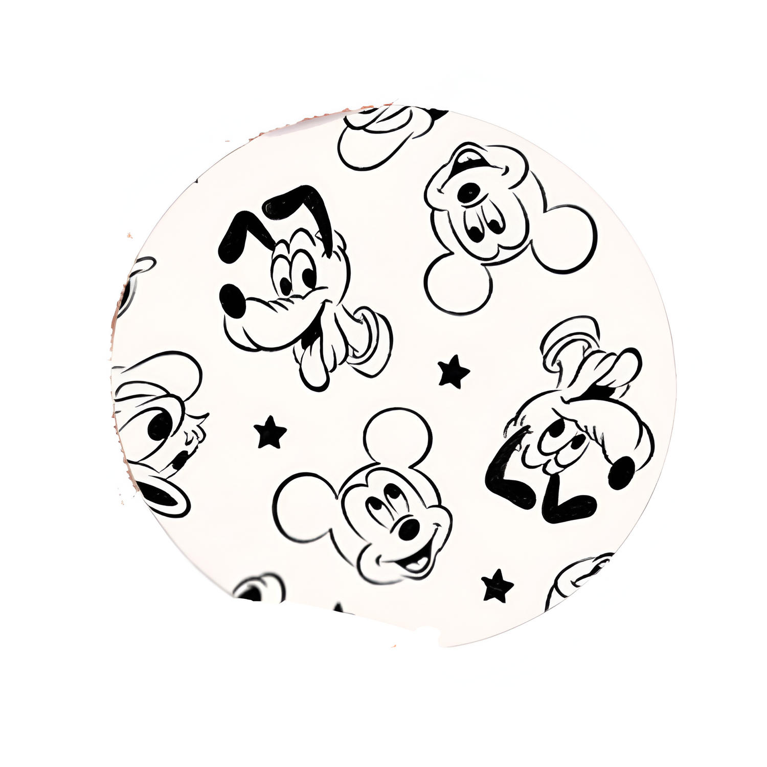 Classic cartoon hard board add-on featuring black-and-white mouse and dog character faces with stars, compatible with interchangeable badge reel bases.