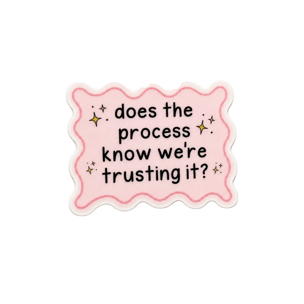 Funny pastel quote plastic add-on for badge reels featuring “does the process know we’re trusting it?”