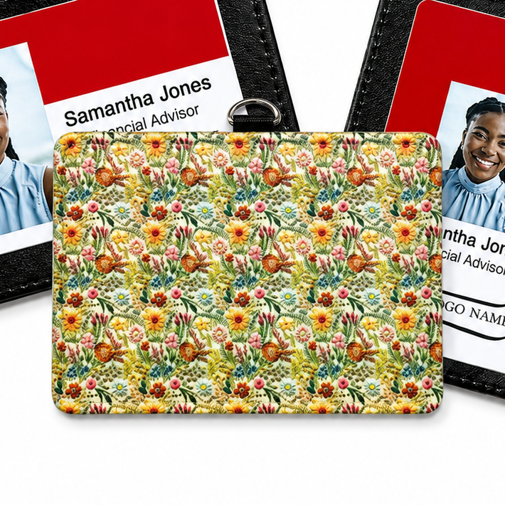 Embroidered Flowers ID Badge Holder