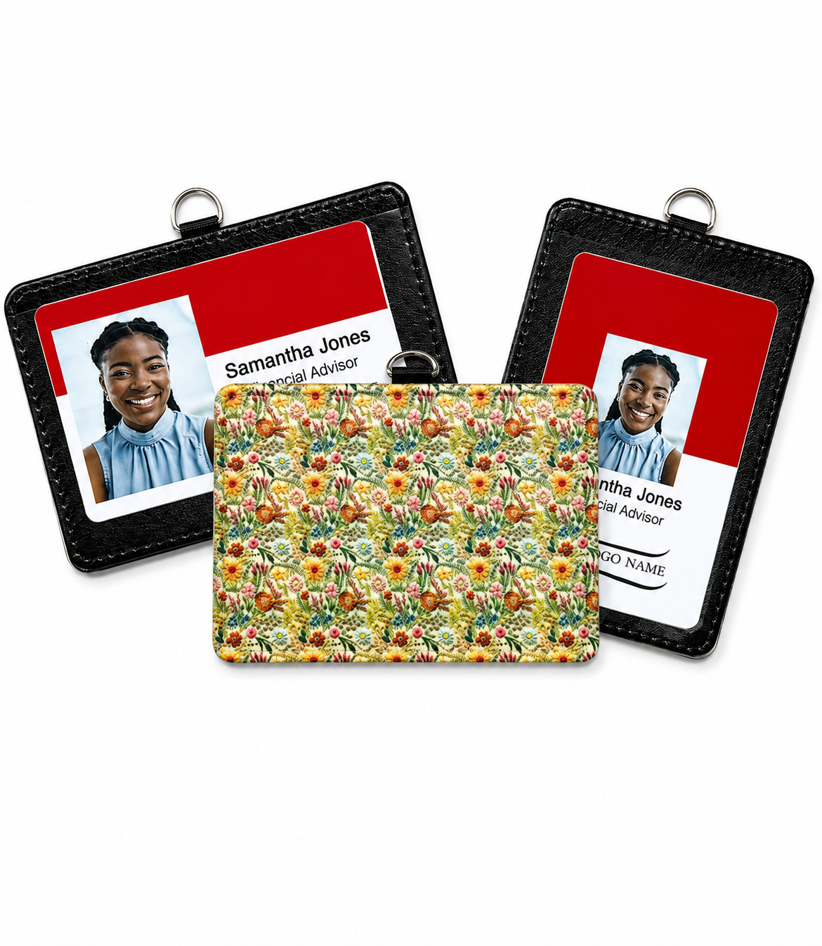Embroidered Flowers ID Badge Holder