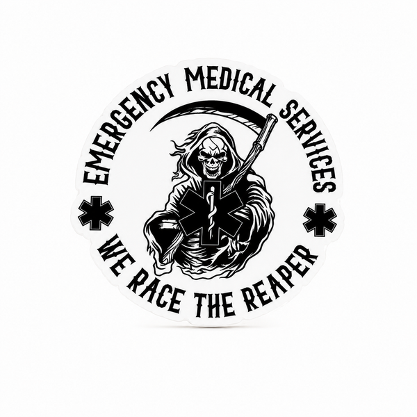 Emergency Medical Services We Race the Reaper plastic add-on with a Grim Reaper and Star of Life, an EMS gift compatible with interchangeable badge reel bases.