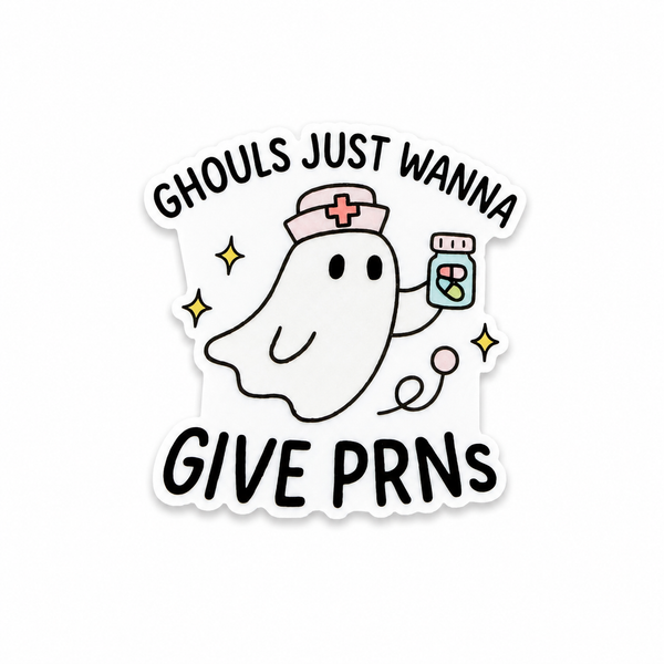 GHOULS JUST WANNA GIVE PRNS plastic add-on featuring a ghost nurse holding medication, compatible with interchangeable badge reel bases, funny Halloween nurse accessory.
