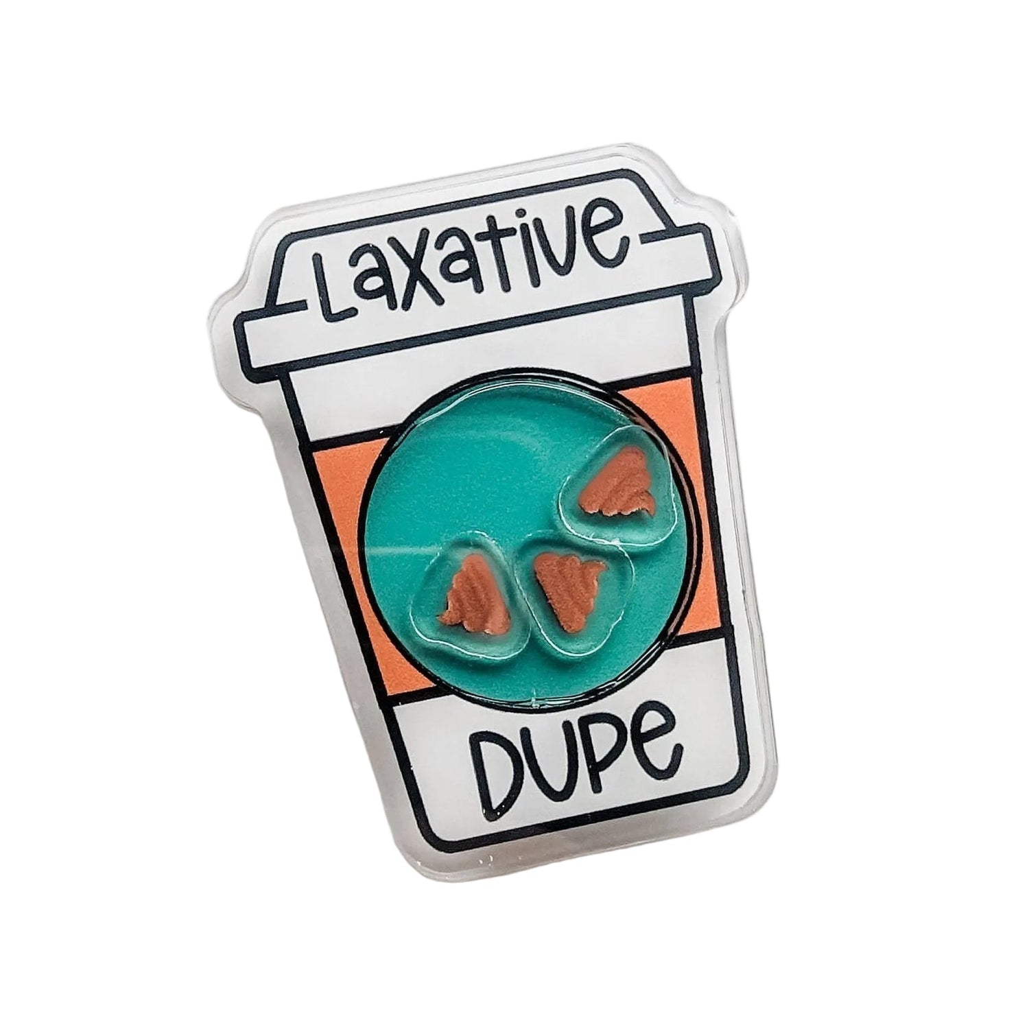 Laxative Dupe plastic add-on with laxative container, teal bowl, and poop-shaped pieces, compatible with interchangeable badge reel bases for a funny healthcare accessory.