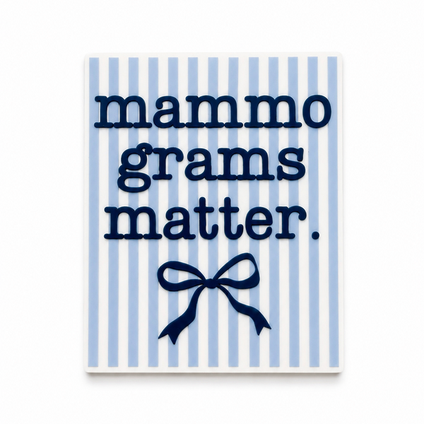 Mammograms Matter. plastic add-on with blue striped background and navy bow, compatible with interchangeable badge reel bases for mammography accessory use.
