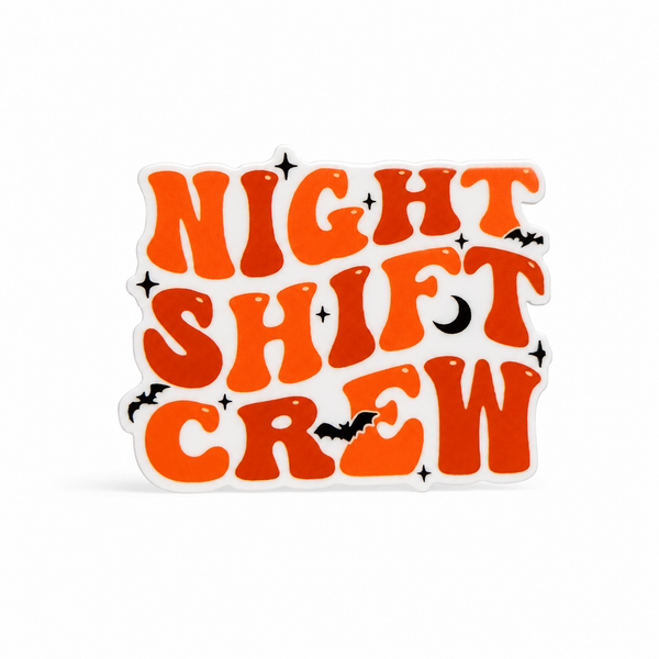 NIGHT SHIFT CREW plastic add-on with orange retro lettering, black bats, a crescent moon, and sparkles, compatible with interchangeable badge reel bases.