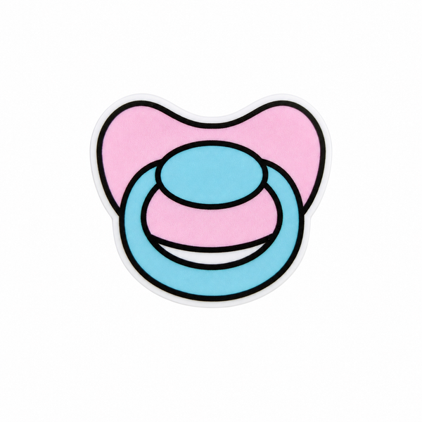 Pastel pacifier plastic add-on featuring pink and blue baby pacifier design compatible with interchangeable badge reel bases and baby-themed accessories