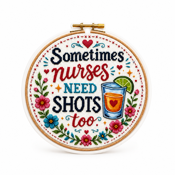 Plastic add-on with embroidered-style flowers, two shot glasses, and lime, a funny nurse accessory compatible with interchangeable badge reel bases.