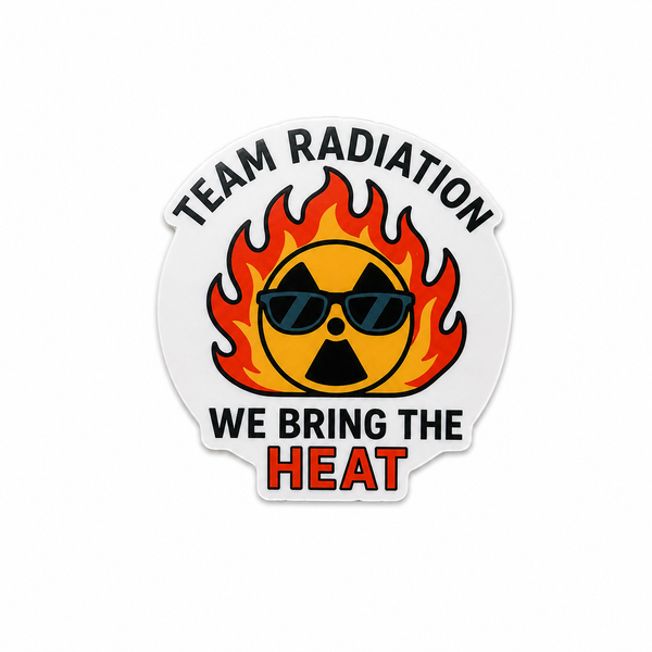 Team Radiation We Bring the Heat plastic add-on with flame, sunglasses, and radiation symbol design, made as a funny radiation oncology healthcare accessory compatible with interchangeable badge reel bases