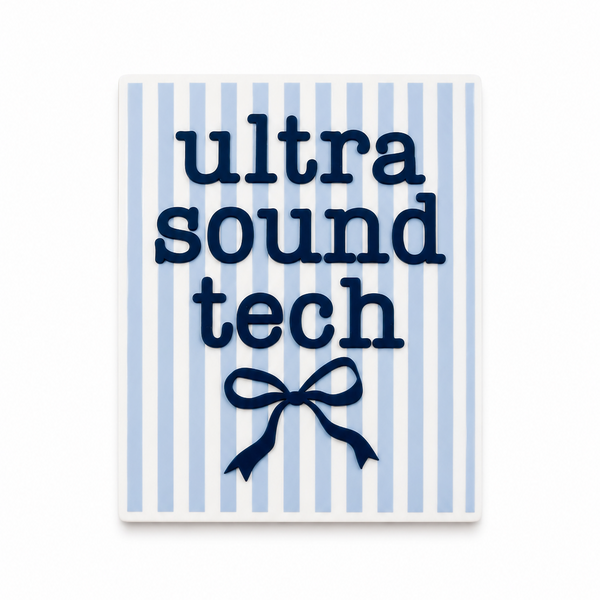 Ultrasound Tech plastic add-on with blue striped background and navy bow, compatible with interchangeable badge reel bases for ultrasound tech accessory use.