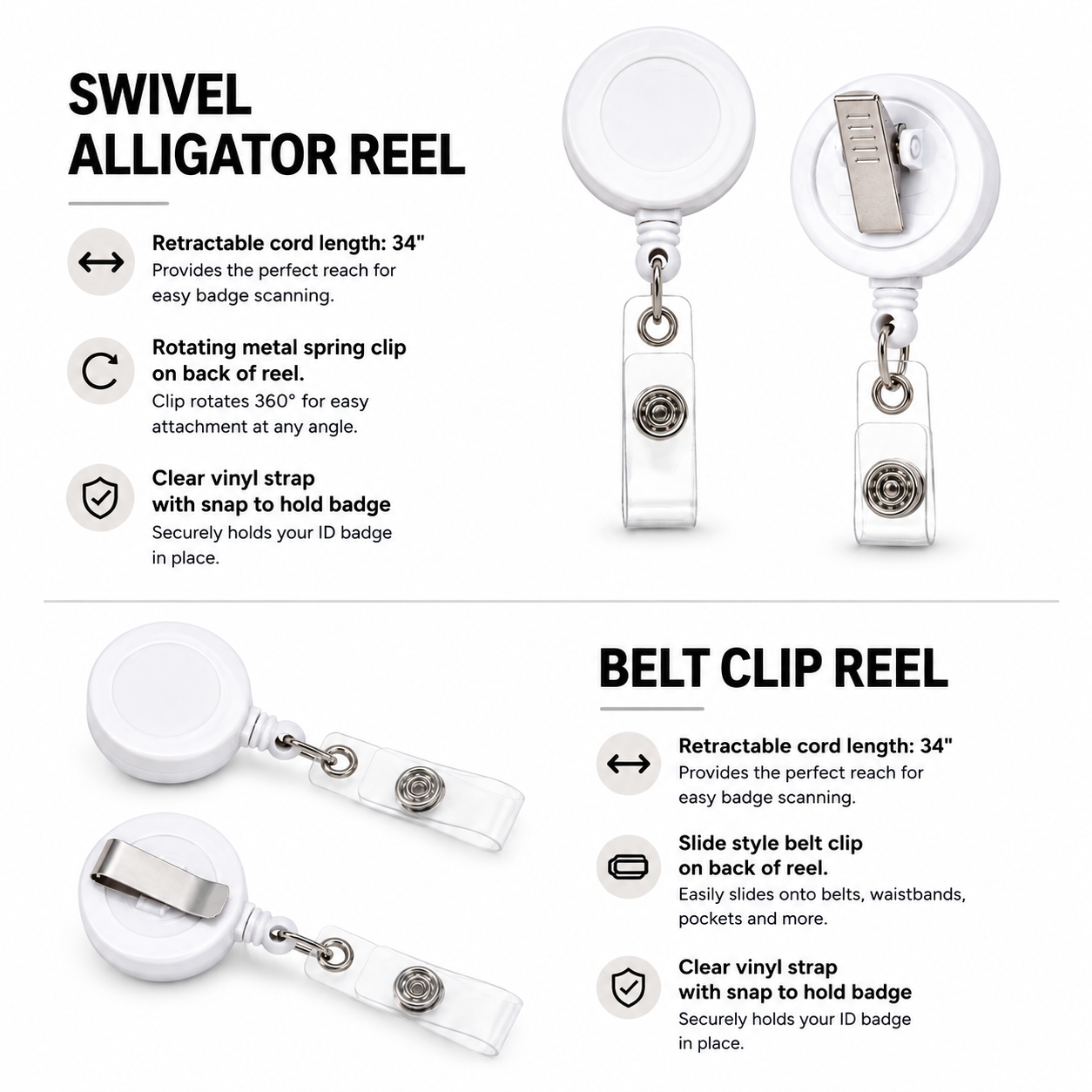 White swivel alligator badge reel and belt clip reel 